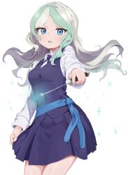 Rule 34 | 1girl, blue eyes, blue skirt, blue vest, collared shirt, diana cavendish, domdom, green hair, holding, holding wand, little witch academia, long hair, looking at viewer, luna nova school uniform, school uniform, shirt, simple background, skirt, solo, vest, wand, white background, white shirt