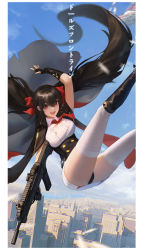 Rule 34 | 1girl, :d, absurdres, arm up, ass, black hair, black panties, blue sky, blush, boots, breasts, buttons, cape, cityscape, cloud, corset, double-breasted, falling, girls&#039; frontline, gloves, gun, hair between eyes, hair ribbon, highres, holding, holding gun, holding weapon, ili, knee boots, large breasts, long hair, looking at viewer, necktie, open mouth, outdoors, panties, pleated skirt, qbz-97, red eyes, ribbon, scenery, shirt, skirt, sky, sleeveless, sleeveless shirt, smile, solo, thighhighs, twintails, type 97 (girls&#039; frontline), underwear, very long hair, weapon, white shirt, white thighhighs