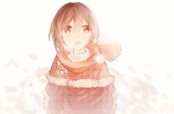 Rule 34 | 1girl, aged down, arms at sides, bow, brown dress, brown eyes, brown hair, brown scarf, buttons, child, chinese commentary, commentary, dress, fringe trim, fur-trimmed dress, fur trim, gradient scarf, hair between eyes, hair ornament, kagerou project, limited palette, long sleeves, looking up, mekakucity actors, mixed-language commentary, negative space, open mouth, print dress, scarf, short hair, solo, tateyama ayano, tohikou (user yolenka), turtleneck, unmoving pattern, upper body, upturned eyes, white background, white bow, x hair ornament