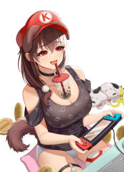 Rule 34 | 1girl, :d, absurdres, alternate costume, animal ears, banana peel, bangom r, bare shoulders, black choker, black shirt, breasts, brown hair, bubble tea, bubble tea challenge, choker, cleavage, coin, commentary, dog ears, dog girl, dog tail, drinking straw, handheld game console, hat, highres, holding, holding handheld game console, hololive, inugami korone, inugami korone (loungewear), keyboard (computer), large breasts, long hair, looking at viewer, nintendo switch, o-ring, o-ring thigh strap, open mouth, panties, print shirt, red eyes, red hat, shirt, simple background, smile, solo, stuffed animal, stuffed dog, stuffed toy, tail, teeth, thigh strap, underwear, upper teeth only, virtual youtuber, white background, white panties
