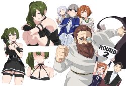 Rule 34 | 2boys, 5girls, arm strap, armlet, armpits, arms up, bare shoulders, beard, belt, black belt, blue capelet, blue eyes, blush, brown hair, capelet, choker, clenched hand, clothing cutout, denken (sousou no frieren), double bun, dress, drop earrings, earrings, elf, facial hair, frieren, frilled capelet, frills, gloves, green hair, grey hair, grin, hair bun, highres, holding, holding sign, jewelry, kanne (sousou no frieren), lapels, laufen (sousou no frieren), lawine (sousou no frieren), long beard, momomatang, monocle, multiple boys, multiple girls, o-ring, o-ring choker, open mouth, orange hair, parted bangs, pleated dress, pointy ears, purple eyes, richter (sousou no frieren), shaded face, shirt, shoulder cutout, side ponytail, sign, single glove, sitting, smile, sousou no frieren, strapless, strapless dress, sweat, thigh strap, thighhighs, twintails, ubel (sousou no frieren), v, white background, white shirt