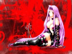 Rule 34 | 00s, 1girl, akatsuki akane, arm support, bare shoulders, boots, breasts, chain, cleavage, collar, detached sleeves, fate/stay night, fate (series), large breasts, long hair, medusa (fate), medusa (rider) (fate), nameless dagger (fate), purple hair, solo, square pupils, thigh boots, thighhighs, third-party edit, very long hair, wallpaper, yellow eyes, zettai ryouiki