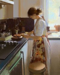 Rule 34 | 1girl, apron, brown hair, cooking, counter, dress, faux traditional media, feet out of frame, floral print apron, food, from side, hair bun, highres, holding, holding food, indoors, kitchen, long hair, looking down, original, oven, painterly, plant, plate, potted plant, realistic, shelf, shirt, sink, solo, standing, sunlight, tile wall, tiles, white dress, white shirt, window, yuming li