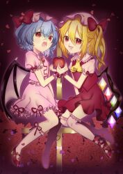 Rule 34 | 2girls, aikoi (arararaaren), apple, ascot, bat wings, blonde hair, blue hair, brooch, collared shirt, fang, flandre scarlet, food, frilled shirt, frilled shirt collar, frilled skirt, frilled sleeves, frilled socks, frills, from side, fruit, full body, hair between eyes, hat, highres, holding, holding food, holding fruit, jewelry, looking at viewer, mary janes, medium hair, mob cap, multicolored wings, multiple girls, one side up, open mouth, over-kneehighs, pik pikn, pink headwear, pink skirt, pointy ears, red apple, red brooch, red eyes, red footwear, red ribbon, red skirt, red vest, remilia scarlet, ribbon, shirt, shoes, siblings, sisters, skin fang, skirt, socks, teeth, thighhighs, touhou, vest, white shirt, white socks, wings, yellow ascot