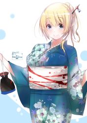 Rule 34 | 1girl, alternate costume, alternate hairstyle, atago (kancolle), bag, blonde hair, blue background, blue kimono, breasts, floral print, gradient background, green eyes, hair between eyes, hair bun, hair ornament, highres, japanese clothes, kantai collection, kimono, kimura shiki, large breasts, long hair, long sleeves, looking at viewer, obi, sash, signature, single hair bun, smile, solo, twitter username, white background, wide sleeves