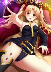 Rule 34 | 1girl, armpits, asymmetrical legwear, asymmetrical sleeves, bad id, bad pixiv id, bare shoulders, between breasts, black leotard, black thighhighs, blonde hair, blush, breasts, cape, chair, detached collar, earrings, ereshkigal (fate), fate/grand order, fate (series), gold trim, highleg, highleg leotard, highres, hoop earrings, infinity symbol, jewelry, leotard, long hair, long sleeves, looking at viewer, medium breasts, multicolored cape, multicolored clothes, necklace, open mouth, outstretched arm, parted bangs, red cape, red eyes, shibata rai, single sleeve, single thighhigh, sitting, skull, smile, solo, spine, thighhighs, thighs, tiara, two side up, uneven legwear, uneven sleeves, yellow cape