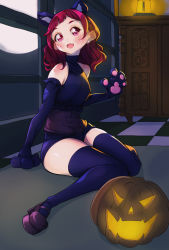 Rule 34 | 1girl, animal ears, animal hands, arm support, black gloves, black thighhighs, blunt bangs, blush, cat ears, checkered floor, commentary request, cupboard, earrings, elbow gloves, fang, full moon, gloves, hair ornament, hairpin, halloween, halloween costume, high heels, highres, hugtto! precure, indoors, jack-o&#039;-lantern, jewelry, lantern, long hair, moon, night, nono hana, open mouth, paw gloves, pink eyes, pink hair, precure, rikito1087, shoes, sideways glance, sitting, skin fang, smile, solo, thighhighs, thighs, wariza, x hair ornament