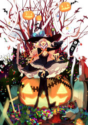 Rule 34 | 1girl, bad id, bad pixiv id, bandages, bat (animal), black thighhighs, blonde hair, candle, candy, cat, clock, clock tower, cross, crossed legs, dress, earrings, food, halloween, hat, high heels, highres, jack-o&#039;-lantern, jewelry, lollipop, long hair, open mouth, original, pumpkin, ribbon, rozer, scar, shoes, silk, sitting, smile, solo, spider web, star (symbol), stitches, thighhighs, tower, tree, witch hat, yellow eyes