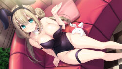 Rule 34 | 1girl, animal ears, black hairband, black leotard, blonde hair, breasts, character request, cleavage, closed mouth, couch, covered navel, detached collar, fake animal ears, green eyes, hair between eyes, hairband, hand up, heart, heart-shaped pillow, highres, horns, indie virtual youtuber, kageira, large breasts, leotard, long hair, pillow, playboy bunny, rabbit ears, smile, solo, virtual youtuber