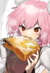 Rule 34 | 1girl, absurdres, arm wrap, bread slice, brown tabard, butter, commentary request, double bun, eating, food, food in mouth, hair bun, highres, ibaraki kasen, medium hair, nail polish, pink hair, pink nails, pocche-ex, puffy short sleeves, puffy sleeves, red eyes, shirt, short sleeves, solo, steam, sweatdrop, tabard, toast, touhou, upper body, v-shaped eyebrows, white shirt
