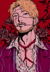 Rule 34 | 1boy, absurdres, adam&#039;s apple, beard, blonde hair, bondage under clothes, expressionless, facial hair, floral print, full beard, highres, kakihara masao, koroshiya ichi, looking at viewer, male focus, mature male, multiple scars, myojo 0120, partially unbuttoned, pectoral cleavage, pectorals, pencil mustache, portrait, red background, red rope, rope, scar, scar across eye, scar on face, scar on forehead, scar on nose, shibari, short hair, solo, thick eyebrows, tsurime