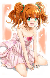 Rule 34 | 1girl, bad id, bad pixiv id, bare arms, bare shoulders, collarbone, commentary request, dress, female focus, green eyes, happy, heart, idolmaster, idolmaster (classic), inu (marukome), legs, open mouth, orange hair, pink dress, ribbon, scrunchie, short hair, sitting, smile, solo, strapless, strapless dress, takatsuki yayoi, twintails, wariza