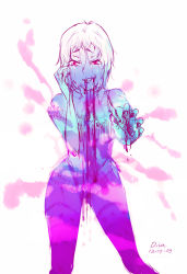 Rule 34 | 1girl, 428, artist name, bleeding, blood, bra, canaan (series), chunsoft, crying, dated, liang qi, lilaccu, lingerie, looking at viewer, nail polish, outstretched hand, short hair, signature, smile, solo, spoilers, spot color, tears, thighhighs, underwear
