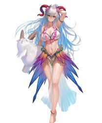 Rule 34 | 1girl, anklet, bare shoulders, barefoot, bikini, blue hair, breasts, fire emblem, fire emblem heroes, freyja (fire emblem), full body, highres, horns, jewelry, large breasts, long hair, multicolored hair, nintendo, official art, pelvic curtain, red eyes, silver hair, solo, swimsuit, thighs, transparent background, yoshiku (oden-usagi)