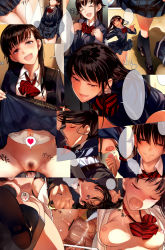 Rule 34 | 1girl, :d, black hair, blazer, blazerheart, blue eyes, blush, breasts, censored, clothes lift, collage, fellatio, female pubic hair, girl on top, happy sex, heart, hetero, highres, jacket, large breasts, long hair, nipples, open clothes, open mouth, open shirt, oral, original, penis, pointless censoring, pubic hair, pussy, sample watermark, school uniform, sequential, sex, shirt, skirt, skirt lift, smile, solo focus, sweat, tears, tomiyama akiji, vaginal, watermark