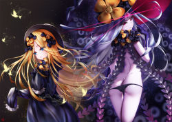 Rule 34 | 2girls, abigail williams (fate), abigail williams (third ascension) (fate), ass, back, bare shoulders, black bow, black dress, black headwear, black panties, blonde hair, blue eyes, bow, bug, butt crack, butterfly, colored skin, commentary, dimples of venus, dress, dual persona, fate/grand order, fate (series), forehead, glowing, glowing eye, hair bow, hat, highres, insect, keyhole, long hair, long sleeves, looking at viewer, lowleg, lowleg panties, multiple girls, multiple hair bows, multiple hat bows, nolmo, orange bow, panties, parted bangs, pink eyes, polka dot, polka dot bow, revision, sleeves past fingers, sleeves past wrists, smile, tentacles, thighs, third eye, underwear, white hair, white skin, witch hat