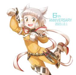 Rule 34 | 1girl, :d, animal ear fluff, animal ears, anniversary, aogaeru (pixiv46613656), arm up, blush, boots, brown eyes, commentary, dated, fang, feet out of frame, gloves, grey hair, hair ribbon, highres, jumpsuit, knee boots, long sleeves, looking at viewer, nia (xenoblade), open mouth, puffy long sleeves, puffy sleeves, ribbon, simple background, sleeves past wrists, smile, solo, standing, standing on one leg, white background, white footwear, white gloves, xenoblade chronicles (series), xenoblade chronicles 2, yellow jumpsuit, yellow ribbon
