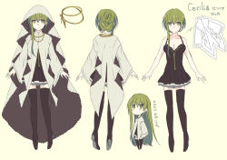 Rule 34 | 1girl, arms at sides, bare arms, black dress, black footwear, black thighhighs, blush, boots, breasts, cecilia (shiro seijo to kuro bokushi), character sheet, chibi, cleavage, collarbone, cross, cross necklace, dress, full body, green eyes, green hair, habit, hair between eyes, hair up, halterneck, high heel boots, high heels, jewelry, unworn jewelry, kazutake hazano, long hair, long sleeves, medium breasts, multiple views, necklace, unworn necklace, nun, shiro seijo to kuro bokushi, short dress, sidelocks, simple background, standing, thigh boots, thighhighs, translated, turnaround, veil, wide sleeves, yellow background