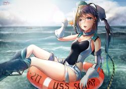 Rule 34 | 1girl, absurdres, aqua hat, black footwear, black one-piece swimsuit, black ribbon, breasts, candy, cloud, competition swimsuit, day, food, fritz614, garrison cap, gloves, grey eyes, grey hair, hair ornament, hair ribbon, hat, highleg, highleg swimsuit, highres, holding, holding candy, holding food, kantai collection, lifebuoy, long hair, one-piece swimsuit, outdoors, ribbon, scamp (kancolle), short shorts, shorts, side ponytail, small breasts, solo, star (symbol), star hair ornament, submarine, swim ring, swimsuit, watercraft, white gloves, white shorts