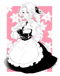 Rule 34 | 1girl, aerith gainsborough, alternate costume, apron, artist name, between breasts, black dress, black necktie, black ribbon, border, braid, braided ponytail, breasts, cog hal, collared shirt, cowboy shot, dated, dress, final fantasy, final fantasy vii, final fantasy vii remake, floral background, flower, frilled gloves, frills, gloves, hair ribbon, hand on own chest, lily (flower), looking at viewer, medium breasts, monochrome, necktie, necktie between breasts, parted bangs, pink background, puffy short sleeves, puffy sleeves, ribbon, shirt, shirt under dress, short sleeves, sidelocks, smile, solo, spot color, waist apron, wavy hair, white border