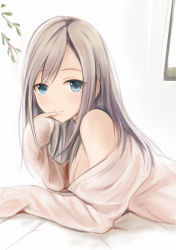 Rule 34 | 1girl, bare shoulders, bed sheet, blue eyes, blush, branch, breasts, cleavage, curtains, finger to mouth, grey hair, indoors, leaf, long hair, long sleeves, lying, medium breasts, nannacy7, off shoulder, on stomach, original, shirt, sidelocks, simple background, smile, solo, sweater, white background, white shirt, white sweater, window
