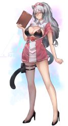 Rule 34 | 1girl, absurdres, alternate costume, animal ears, arknights, bare legs, bikini, black bikini, black footwear, breasts, breasts out, cat ears, cat tail, clipboard, commentary request, dress, full body, hand up, hat, high heels, highres, holding, long hair, looking at viewer, medium breasts, nurse cap, pink dress, pouch, schwarz (arknights), short dress, short sleeves, silver hair, solo, standing, swimsuit, tail, thigh strap, thighs, white background, yellow eyes, yujieai