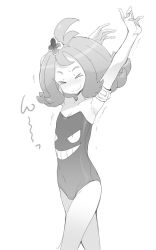Rule 34 | &gt; &lt;, 1girl, acerola (pokemon), arm up, armlet, armpits, arms up, bare arms, blush, breasts, cleavage, closed eyes, cowboy shot, creatures (company), elite four, flipped hair, game freak, gen 1 pokemon, gengar, greyscale, hair ornament, monochrome, nintendo, ookamiuo, pokemon, pokemon (creature), pokemon sm, short hair, simple background, small breasts, smile, solo, strapless, stretching, swimsuit, trial captain, wavy mouth, white background
