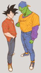 Rule 34 | 2boys, bad id, bad twitter id, baseball cap, black eyes, black hair, casual, clenched teeth, colored skin, dragon ball, dragonball z, full body, green skin, grin, hand in pocket, hat, highres, male focus, multiple boys, pants, piccolo, pointy ears, shirt, shoes, simple background, smile, son goku, standing, sweatdrop, teeth, yoyoha chan