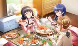 Rule 34 | 3girls, ;q, ^ ^, black hair, black shirt, blue hair, bowl, braid, brown eyes, brown hair, carrot, chest of drawers, chopsticks, cinderella series, closed eyes, closed mouth, collared shirt, crab, cup, double bun, drinking glass, dutch angle, eating, food, game cg, hachigatsu no cinderella nine, hair bun, highres, holding, holding bowl, holding chopsticks, holding food, indoors, kondou saki, kotatsu, long hair, long shirt, low twin braids, multiple girls, mushroom, nabe, nagai kanako, nitta minako, non-web source, official art, one eye closed, pink sweater, plate, rice cooker, shiitake, shirt, single sidelock, sitting, sparkle, spring onion, sweater, table, television, tofu, tongue, tongue out, tray, twin braids, u u, white shirt, wooden floor