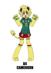 Rule 34 | 1girl, 2014 fifa world cup, absurdres, animal ears, blonde hair, cameroon, fang, highres, hood, hoodie, lion ears, lion tail, open mouth, original, pigeon-toed, pleated skirt, short hair, simple background, skirt, solo, tail, white background, world cup, yu yanshu