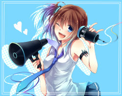 Rule 34 | 1girl, ;d, bad id, bad nicoseiga id, blue background, blue hair, blush, brown hair, heart, holding, megaphone, nasuko, necktie, one eye closed, open mouth, original, side ponytail, skirt, smile, solo, string phone, wink