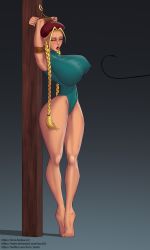 Rule 34 | 1girl, arms up, ass, bdsm, blonde hair, blush, bondage, bound, breasts, cammy white, capcom, covered erect nipples, female focus, green leotard, highres, huge ass, huge breasts, leotard, lerra22, lips, rope, solo, street fighter, street fighter ii (series), tagme, thick thighs, thighs, tiptoes, whip, whipping