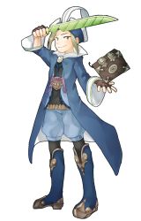 Rule 34 | 1boy, belt, blue mage (final fantasy), blush, book, boots, brown eyes, brown gloves, brown hair, feathers, final fantasy, fingerless gloves, full body, gloves, grimoire, hat, holding, holding book, holding sword, holding weapon, kangda-nim, male focus, original, puffy pants, short sword, simple background, smile, smirk, solo, sword, weapon, white background
