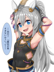 Rule 34 | 1girl, alternate hairstyle, animal ears, armlet, armpits, arms up, black gloves, black shirt, blue eyes, bracelet, commentary, covered navel, ear covers, fang, gloves, grey hair, hair tie, hair up, hands in hair, high-waist pants, horse ears, horse girl, jewelry, kouri yuni, long hair, looking at viewer, necklace, official alternate costume, open mouth, pants, ponytail, shirt, simple background, sleeveless, sleeveless shirt, smile, solo, tamamo cross (fierce thunder god) (umamusume), tamamo cross (umamusume), translated, umamusume, upper body, white background