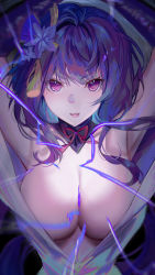 Rule 34 | 1girl, absurdres, bad id, bad pixiv id, bare shoulders, braid, breasts, cleavage, detached collar, genshin impact, hair ornament, highres, large breasts, long hair, looking at viewer, low-braided long hair, low-tied long hair, mole, mole under eye, off shoulder, purple eyes, purple hair, raiden shogun, shanguier, solo