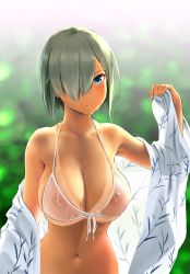 Rule 34 | 1girl, bare shoulders, bikini, bikini tan, bikini top only, blue eyes, blurry, blurry background, blush, breasts, cleavage, closed mouth, collarbone, covered erect nipples, hair ornament, hair over one eye, hairclip, hamakaze (kancolle), highres, japanese clothes, kantai collection, kimono, large breasts, looking at viewer, navel, open clothes, open kimono, short hair, silver hair, solo, swimsuit, tan, tanline, wa (genryusui), wet, white bikini, white kimono, wide sleeves