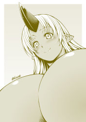 Rule 34 | 10s, 1girl, artist name, blush, breasts, close-up, completely nude, dark-skinned female, dark skin, gigantic breasts, horns, kouda tomohiro, long hair, looking at viewer, monochrome, monster girl, monster musume no iru nichijou, nude, ogre, out-of-frame censoring, pointy ears, simple background, single horn, smile, solo, tionishia, topless frame, upper body