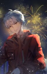 Rule 34 | 1girl, absurdres, animification, apex legends, brown eyes, chinese commentary, earrings, fireworks, grey hair, hebaodan yao chi tang xin de, highres, jacket, jewelry, light particles, looking to the side, night, night sky, parted lips, pink lips, red jacket, short hair, sky, smile, solo, upper body, valkyrie (apex legends)