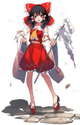 Rule 34 | 1girl, asakura maru, ascot, bare shoulders, barefoot, black hair, bow, detached sleeves, frilled skirt, frills, full body, gohei, hair bow, hair tubes, hakurei reimu, highres, holding, holding gohei, japanese clothes, looking at viewer, medium hair, nontraditional miko, okobo, open mouth, red bow, red eyes, red skirt, ribbon-trimmed sleeves, ribbon trim, sandals, sidelocks, simple background, skirt, solo, touhou, white background, wide sleeves, yellow ascot