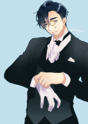 Rule 34 | 1boy, asagi nanase, black hair, black pants, black suit, blue eyes, butler, facial hair, formal, glove in mouth, gloves, highres, light blue background, long sleeves, looking at viewer, male focus, milgram, monocle, mouth hold, mukuhara kazui, pants, putting on gloves, short hair, solo, suit, white gloves