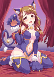Rule 34 | 10s, 1girl, animal ears, animal hands, bell, blush, breasts, brown hair, cat ears, cat paws, cat tail, center opening, curvy, dan (orange train), gloves, idolmaster, idolmaster million live!, long hair, looking at viewer, medium breasts, miyao miya, navel, open mouth, paw gloves, paw shoes, pink eyes, shoes, sitting, smile, solo, tail, tail bell, tail ornament, wide hips