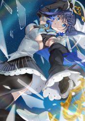Rule 34 | 1girl, black gloves, black hair, black pantyhose, black skirt, black thighhighs, blue cape, blue eyes, blue hair, breasts, cape, chain, colored inner hair, cropped shirt, detached sleeves, dual wielding, gloves, hair intakes, halo, hatsuno xxx, headband, heart-shaped gem, highres, holding, hololive, hololive english, juliet sleeves, large breasts, long sleeves, mechanical halo, miniskirt, multicolored hair, ouro kronii, ouro kronii (1st costume), pantyhose, pinstripe pattern, pinstripe shirt, pinstripe skirt, puffy sleeves, shirt, short hair, skirt, sleeveless, sleeveless shirt, solo, striped, thighhighs, underboob, veil, virtual youtuber, wide sleeves