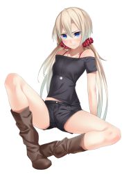 Rule 34 | 1girl, bare legs, bare shoulders, blonde hair, blue eyes, blush, boots, jewelry, long hair, looking at viewer, necklace, original, ray-akila, shorts, simple background, solo, white background
