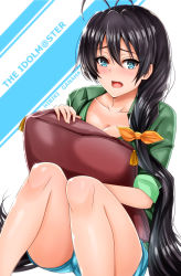 Rule 34 | 1girl, antenna hair, bad id, bad pixiv id, black hair, blue eyes, blush, breasts, cleavage, fang, ganaha hibiki, hugging object, idolmaster, idolmaster (classic), inu (marukome), long hair, open mouth, pillow, pillow hug, ponytail, simple background, solo, striped, striped background