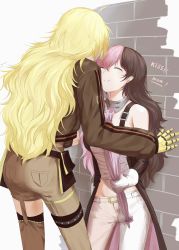 Rule 34 | 2girls, absurdres, against wall, amputee, asymmetrical clothes, blonde hair, blush, brown hair, english text, closed eyes, female focus, from behind, height difference, highres, long hair, mechanical arms, midriff, multicolored hair, multiple girls, neo politan, pink hair, rwby, single mechanical arm, single pantsleg, single thighhigh, smile, split-color hair, suspenders, sweatdrop, thighhighs, tl (xdd), two-tone hair, umbrella, very long hair, yang xiao long, yuri