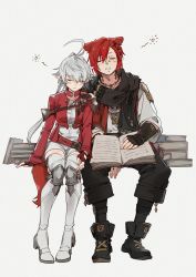 Rule 34 | 1boy, 1girl, ahoge, alisaie leveilleur, animal ears, armor, belt, black gloves, black pants, black scarf, book, book stack, boots, cat ears, closed eyes, commentary, cropped jacket, crow0cc, elezen, elf, facial mark, facing viewer, final fantasy, final fantasy xiv, fingerless gloves, full body, g&#039;raha tia, gloves, grey background, hair ornament, highres, jacket, jewelry, leaning on person, long hair, long sleeves, miqo&#039;te, necklace, open book, pants, parted lips, pauldrons, pointy ears, ponytail, red gloves, red hair, red jacket, scarf, shirt, short hair, shoulder armor, silver hair, simple background, single pauldron, sitting, sleeping, swept bangs, symbol-only commentary, thigh boots, thighhighs, vambraces, white background, white footwear, white shirt, x hair ornament