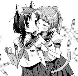 Rule 34 | 2girls, animal ears, blush, cat ears, cat tail, licking another&#039;s cheek, closed eyes, licking another&#039;s face, flat chest, greyscale, licking, monochrome, multiple girls, nagisa honoka, tail, uniform, yuri