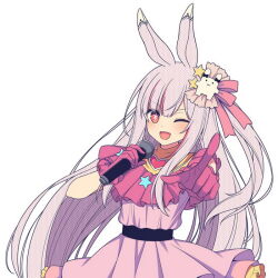 Rule 34 | 1girl, ;d, animal ears, cosplay, dress, gloves, grey hair, hitsuki rei, holding, holding microphone, hoshino ai (oshi no ko), hoshino ai (oshi no ko) (cosplay), indie virtual youtuber, long hair, looking at viewer, microphone, multicolored hair, nica wolper, one eye closed, one side up, open mouth, oshi no ko, outstretched arm, pink dress, pink gloves, pink hair, pointing, pointing at viewer, rabbit ears, red eyes, simple background, smile, solo, star (symbol), streaked hair, symbol-shaped pupils, very long hair, virtual youtuber, white background