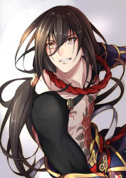 Rule 34 | 1boy, armor, bishounen, black hair, brown eyes, chest tattoo, chinese clothes, clenched teeth, collarbone, dragon tattoo, fate/grand order, fate (series), flower tattoo, gauntlets, gold trim, green eyes, grin, kadaka (9m), long hair, male focus, muscular, open mouth, pectorals, ponytail, rope, smile, tattoo, teeth, topless male, yan qing (fate), yellow eyes