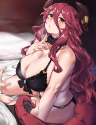 Rule 34 | 1boy, 1girl, arm support, bare shoulders, bed, black bra, black panties, blush, bra, breasts, bulge, cleavage, curvy, dragalia lost, dragon girl, dragon horns, dragon tail, erection, erection under clothes, fur collar, hair between eyes, highres, horns, huge breasts, long hair, moisture (chichi), mym (dragalia lost), out of frame, panties, parted lips, pillow, plump, red hair, shirt, sitting, tail, thighs, underwear, wavy hair, white shirt, yellow eyes